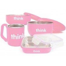 Thinkbaby 不鏽鋼嬰幼兒餐具連餐碗4件套裝 杯 餐盒 飯碗 湯碗 粉紅色 不含BPA 雙酚A 塑化劑